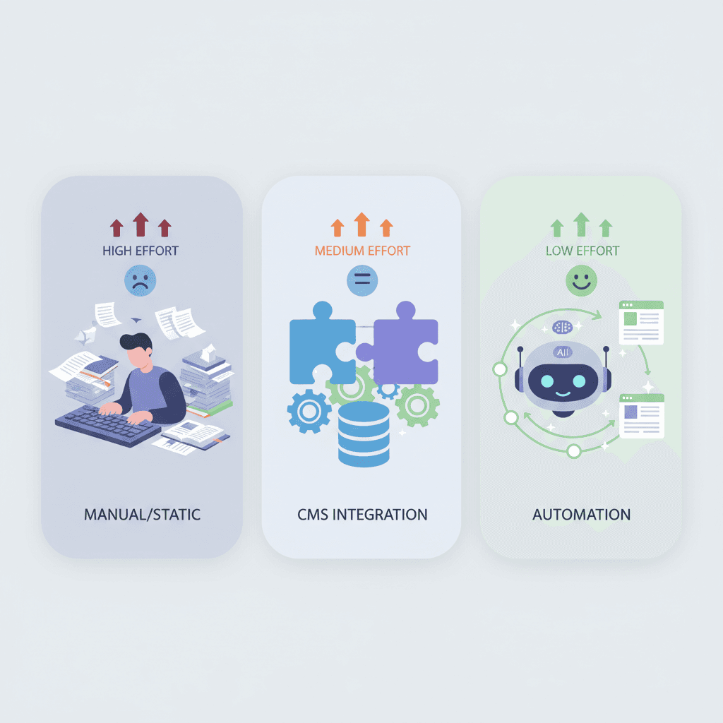 Comparison of three content approaches: Manual creation, CMS integration (old world), and LovableSEO automation (modern approach)